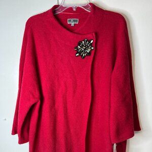 JM Collection Women's XL Red Wool Cardigan Wrap Sweater Rhinestone Brooch NWT